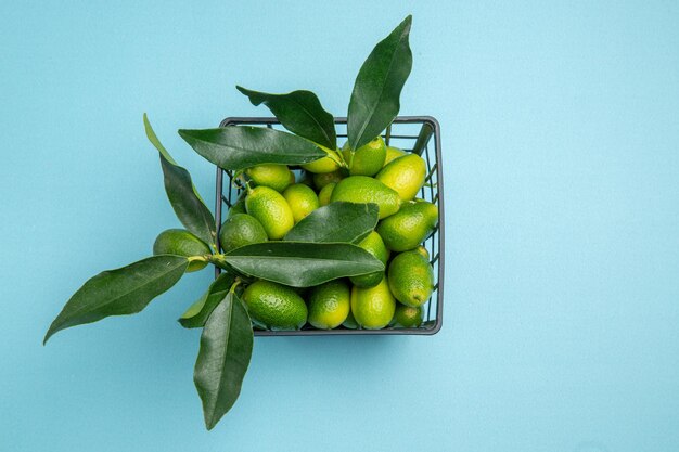 Bovenaanzicht van citrusvruchten grijze mand met groene citrusvruchten met bladeren