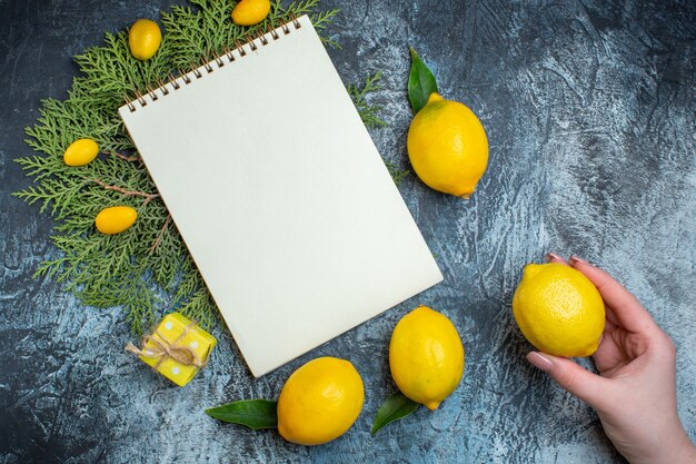 Bovenaanzicht van de hand met een van de verse citroenen met bladeren en een gesloten spiraalvormig notitieboekje op dennentakken op een donkere achtergrond
