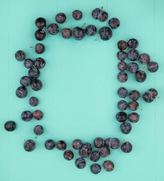 Bovenaanzicht van de kleine donkere bolvormige samentrekkende fruit sleepruimen geïsoleerd op een blauwe achtergrond met kopie ruimte