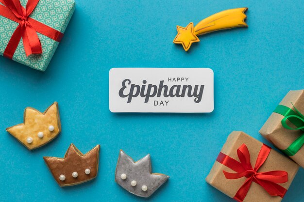 Bovenaanzicht van drie koningen met cadeautjes voor epiphany dag