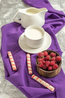 Bovenaanzicht van een kopje melk en een kan melk op een paars servet met een kom frambozen en koekjes op een marmeren achtergrondkleur
