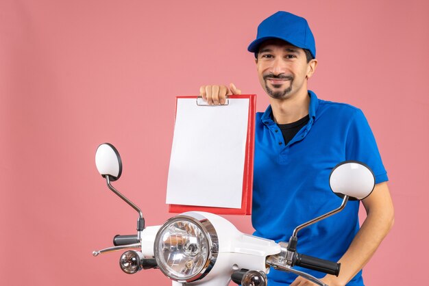 Bovenaanzicht van een lachende koeriersman met een hoed die op een scooter zit en een document vasthoudt op pastel perzik