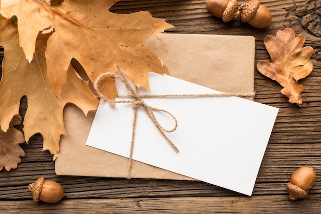 Gratis foto bovenaanzicht van envelop met herfstbladeren en eikels