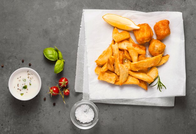 Bovenaanzicht van Franse frietjes met kom saus en tomaten