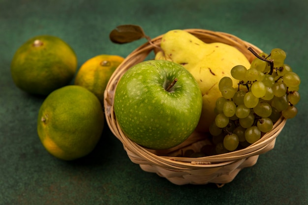 Bovenaanzicht van heerlijk fruit zoals appelkweepeer en druivenmost op een emmer met mandarijnen geïsoleerd