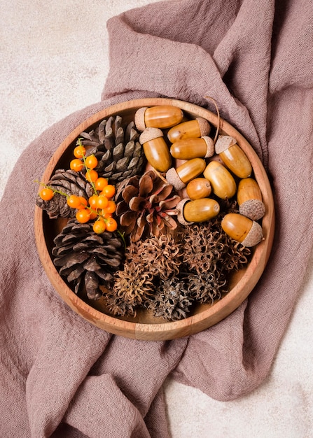 Bovenaanzicht van herfst bal met dennenappels en eikels