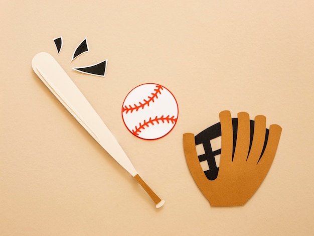 Gratis foto bovenaanzicht van honkbalknuppel met handschoen en bal