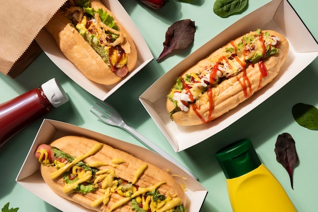 Bovenaanzicht van hotdogs met assortiment van depots en ketchup