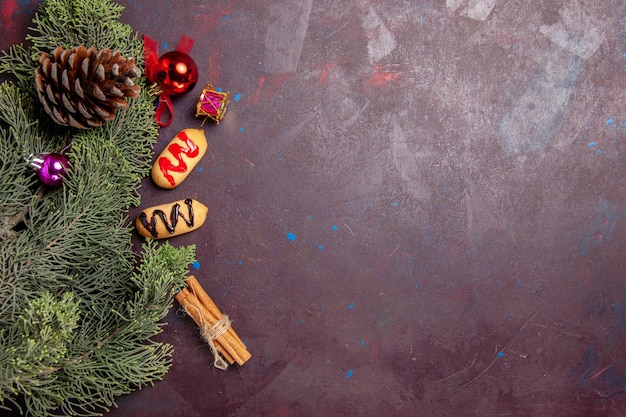 Bovenaanzicht van kleine koekjes met boom en kegels op zwart