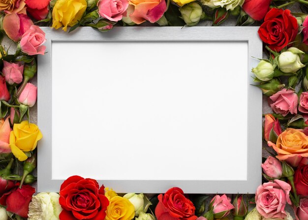 Bovenaanzicht van kleurrijke bloemen met leeg frame