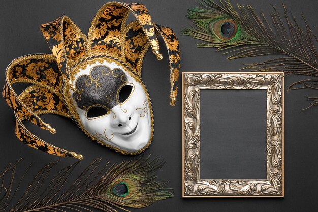 Bovenaanzicht van masker voor carnaval en frame met veren