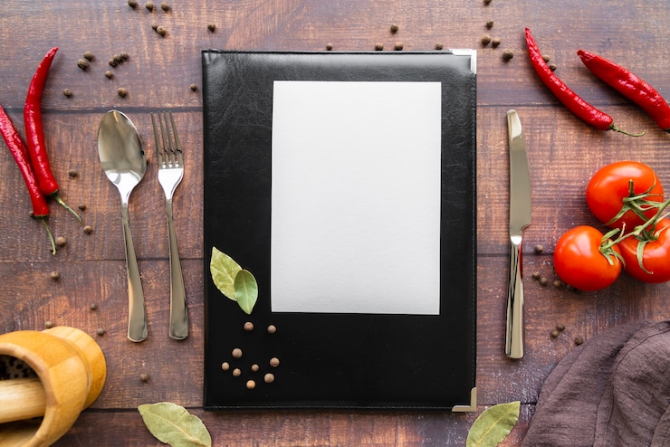 Gratis Foto bovenaanzicht van menuboek met chili pepers en bestek