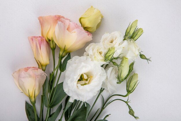 Bovenaanzicht van mooie witte en gele rozen met bladeren op een witte achtergrond