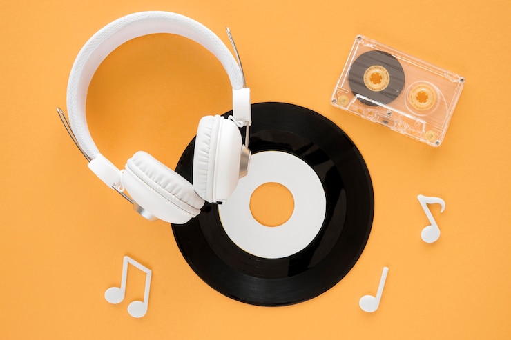 Gratis Foto bovenaanzicht van muziekconcept met vinyl