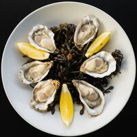 Bovenaanzicht van oesters uit de provincie zeeland met schijfjes citroen geserveerd op een wit bord
