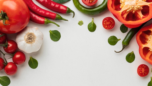 Bovenaanzicht van paprika met tomaten en knoflook