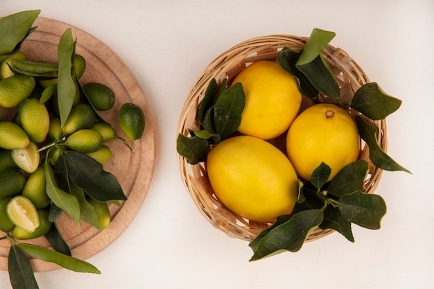 Bovenaanzicht van sappige citroenen op een emmer met kinkans geïsoleerd op een houten keukenbord op een witte muur