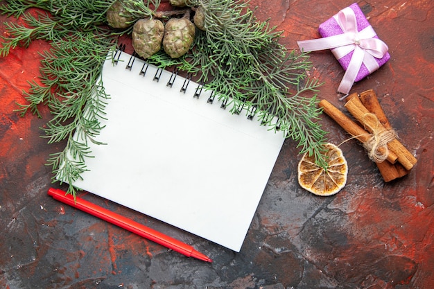 Bovenaanzicht van sparren takken paarse kleur geschenk en gesloten spiraal notebook kaneel limoenen op rode achtergrond