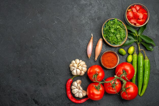 Bovenaanzicht van tomaten, knoflook, specerijen, kruiden, hete pepers, tomaten op de donkere tafel