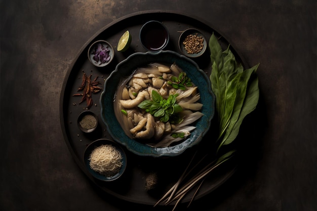 Gratis foto bovenaanzicht van vers en lekker chinees eten op een donkere achtergrond
