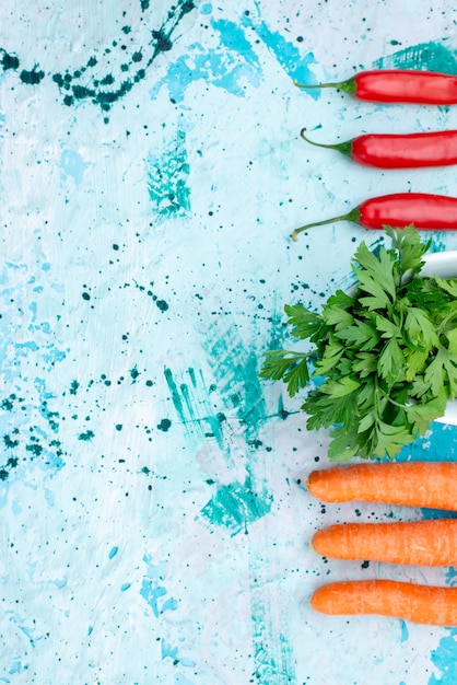 Gratis foto bovenaanzicht van verse groenten geïsoleerd in plaat met omzoomde pittige rode paprika's en wortelen op helderblauwe, groene bladproduct voedselmaaltijd