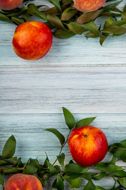 Bovenaanzicht van verse rijpe nectarines met groene bladeren op houten rustieke achtergrond met kopie ruimte