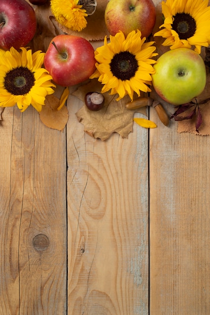 Gratis foto bovenaanzicht van zonnebloemen frame met appels