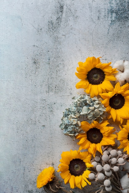 Bovenaanzicht van zonnebloemen frame met katoen