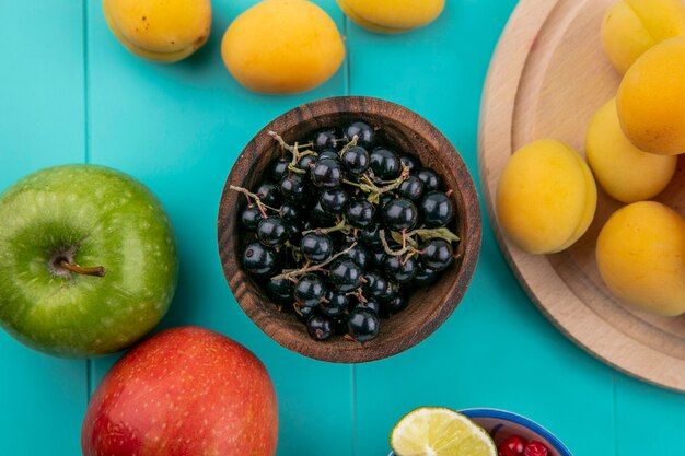 Bovenaanzicht van zwarte bessen in een kom met abrikozen en appels op een blauwe ondergrond