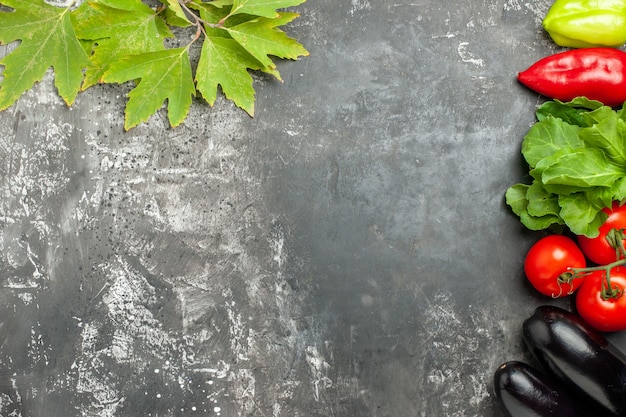 Bovenaanzicht verschillende groenten tomaten paprika's aubergines op grijze achtergrond