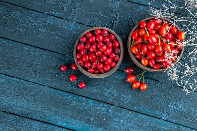 Gratis foto bovenaanzicht verse rode bessen in platen op donkere houten bureaubes wild fruit gezondheidsfoto kleur