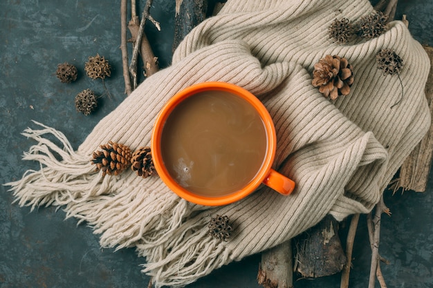 Gratis foto bovenaanzicht warme chocolademelk met een deken