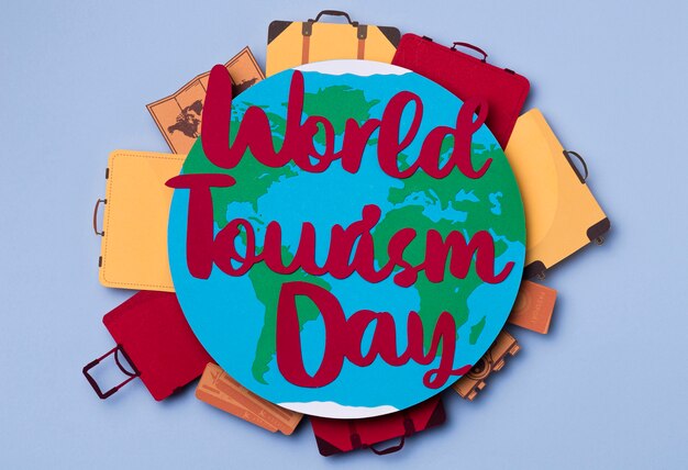 Bovenaanzicht Wereldtoerisme dag met belettering