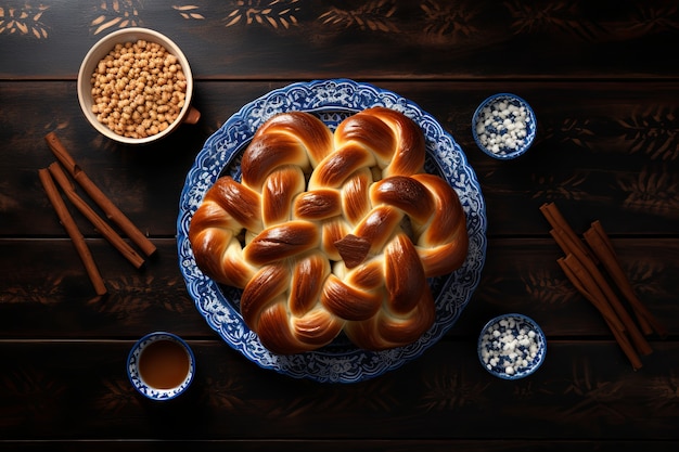 Gratis foto bovenbeeld challah schotel voor hanukkah