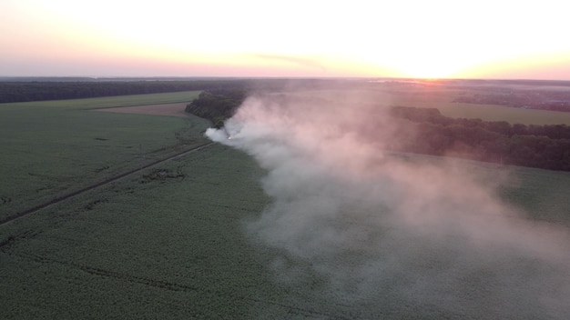 Brand op een stortplaats met afval in de buurt van landbouwvelden. rook op de achtergrond van een zonsondergang.