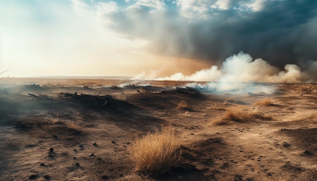 Gratis foto brandende zonsondergang boven vervuild industrieel landschapsgevaar gegenereerd door ai