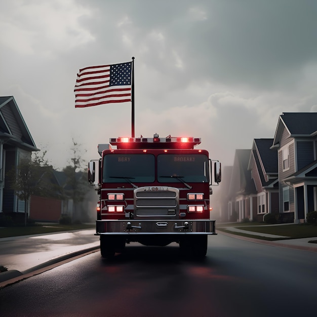 Gratis foto brandweerwagen met amerikaanse vlag op de weg 3d rendering