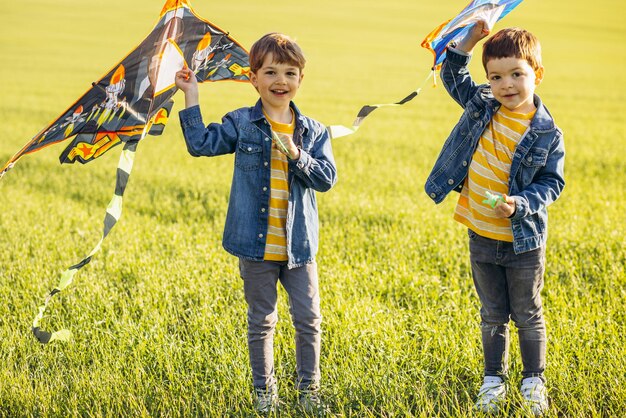 Broers die plezier hebben in het veld met kite spelen