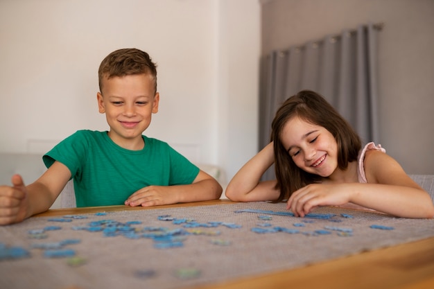 Broers en zussen spelen met speelgoed voor hersenkrakers