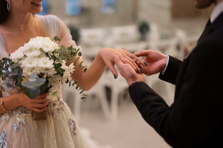 Gratis Foto bruid en bruidegom bij huwelijksreceptie