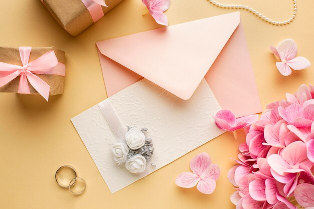 Bruiloft concept bloemen uitnodiging en ringen