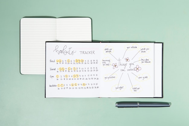 Bullet journals en pen bovenaanzicht