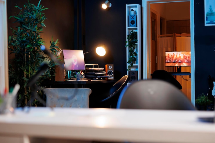 Gratis Foto bureau in neonverlicht huis