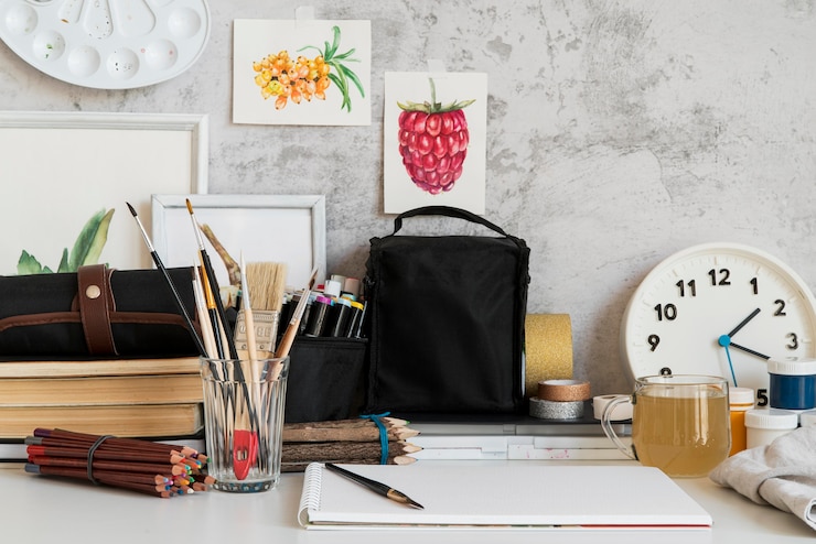 Gratis Foto bureau opstelling met borstels en klok