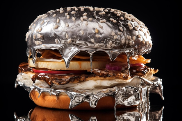 Gratis foto burger bedekt met zilver op een donkere achtergrond