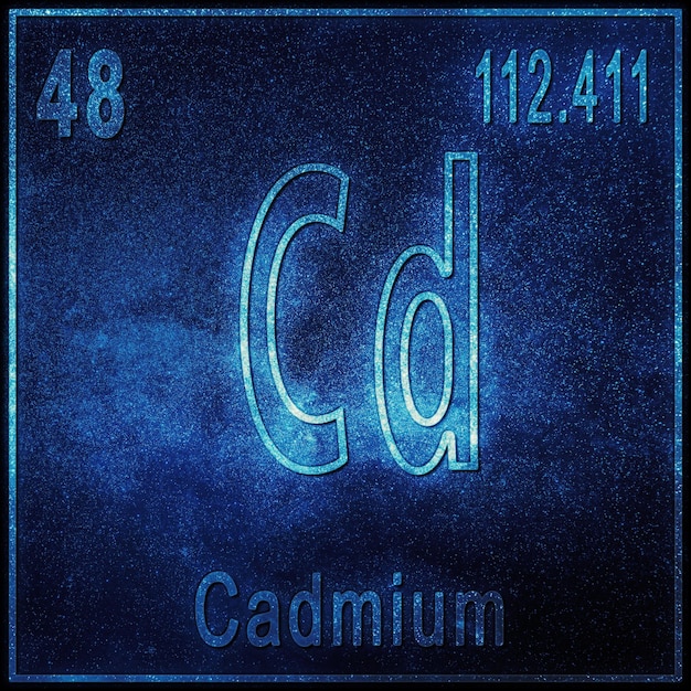 Cadmium scheikundig element, bord met atoomnummer en atoomgewicht, periodiek systeemelement