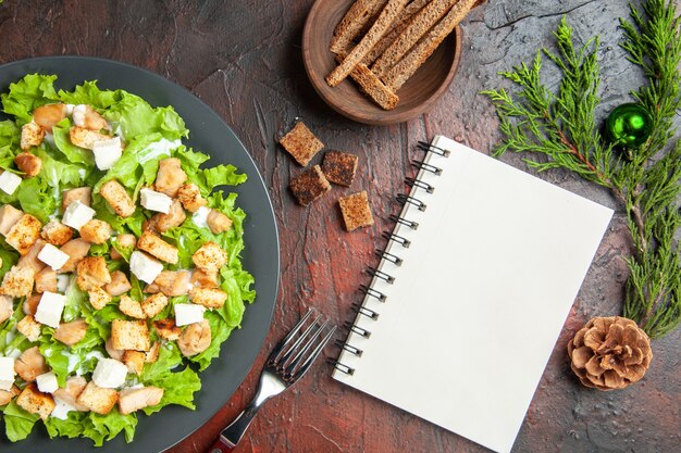 Caesarsalade bovenaanzicht op ovale plaatvorkkom met gedroogde korst een notitieboekje op donkerrode achtergrond