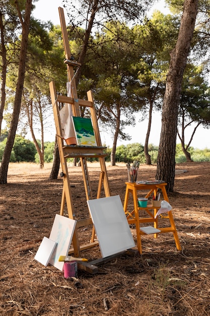 Canvas met verf en kwasten voor schilder