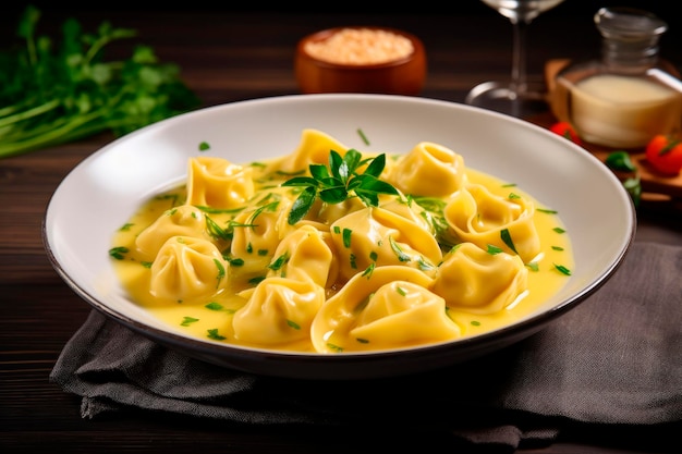 Gratis foto cappelletti in brodo traditionele italiaanse soep op houten tafel