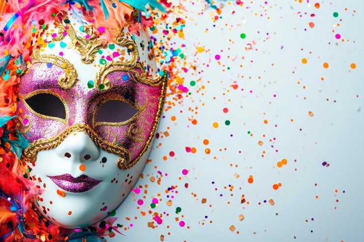 Carnaval partij achtergrondVenetiaans masker op witte achtergrond met confetti Kopieer ruimte